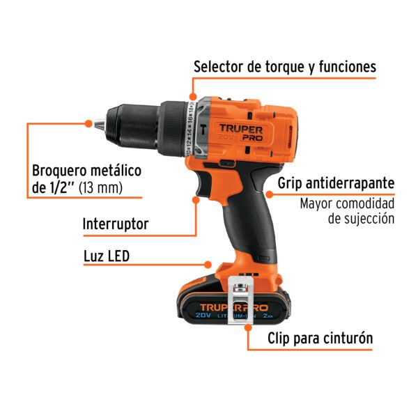 Taladro rotomartillo 1/2", 20V, 1 batería 2Ah, TRUPER PRO