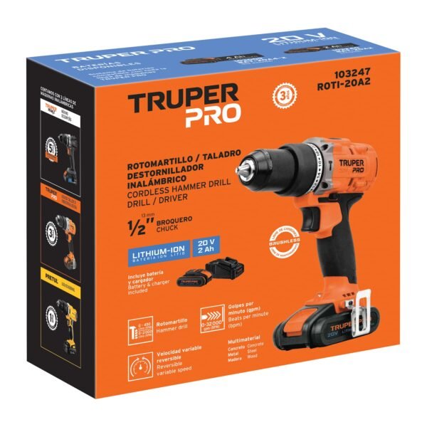 Taladro rotomartillo 1/2", 20V, 1 batería 2Ah, TRUPER PRO