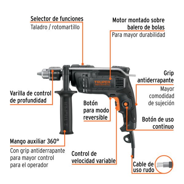 Taladro rotomartillo 1/2", 700W, TRUPER INDUSTRIAL