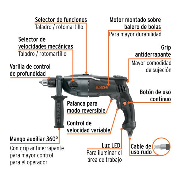 Taladro rotomartillo 1/2", 1200W, TRUPER INDUSTRIAL